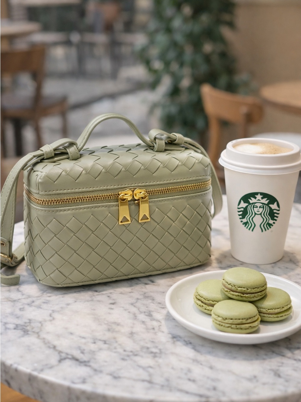 Olive Green Woven Leather Crossbody Bag with Gold Zipper